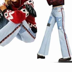 Free People We The Free Womens Plaid Mixed Slim Flare Jeans Patchwork Studded 24